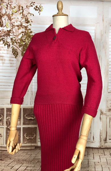 Wonderful Original Late 1940s Vintage Fuchsia Pink Knit Sweater Set