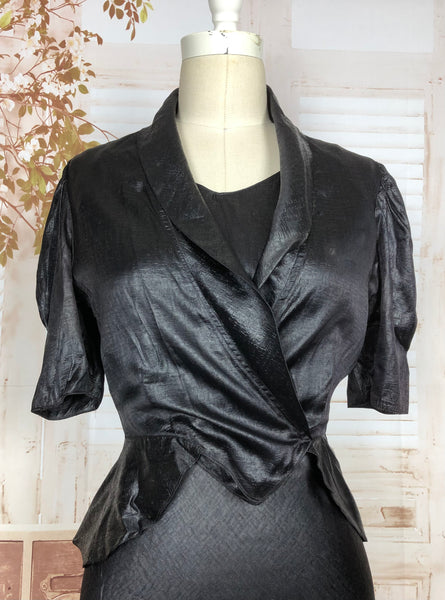 Super Rare Original 1930s Black Ciré Waxed Satin Evening Gown With Matching Jacket Museum Piece
