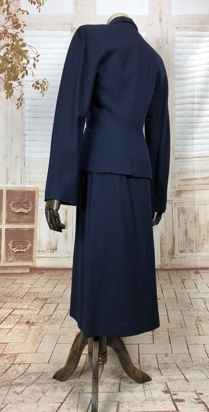 Fabulous Original Vintage Wartime Early 1940s 40s Navy Blue Skirt Suit With Tapering Button Details