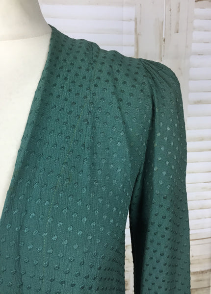 RESERVED FOR KHARONN - Vintage 1930s 30s Teal Textured Crepe Lightweight Coat With Puff Shoulders And Frog Fastening