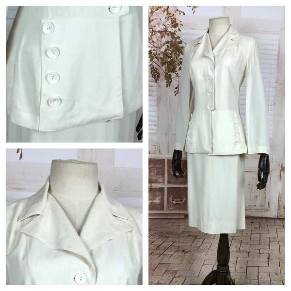 Original 1940s 40s Vintage White Summer Skirt Suit With Button Details