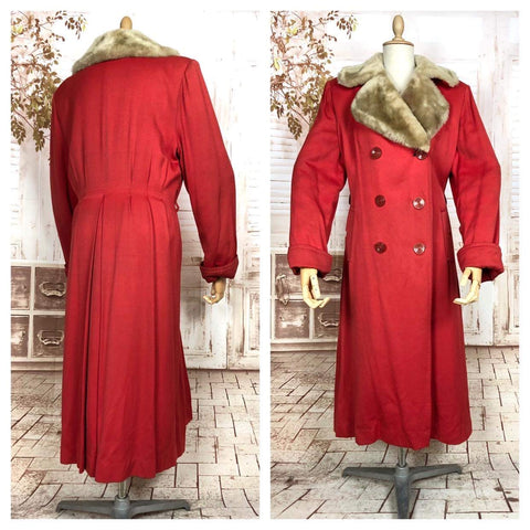 Amazing Original Late 1940s / Early 1950s Volup Vintage Red Fitted Gabardine Storm Coat With Faux Fur Collar