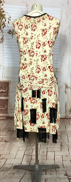 Amazing 1920s Floral Rayon Jersey Flapper Dress With Fringing