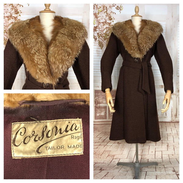 Exquisite Original 1930s Vintage Belted Brown Boucle Wool Fit And Flare Coat With Large Fox Fur Collar