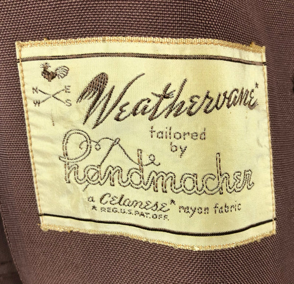 Original 1940s 40s Vintage Brown Celanese Rayon Suit by Handmacher