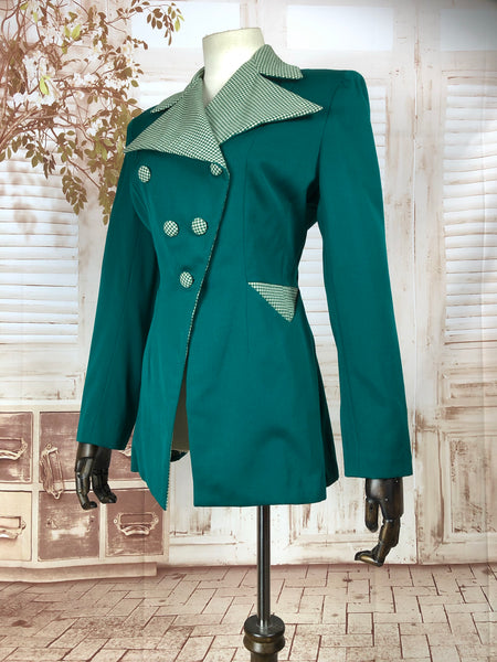 Incredible Original 1940s 40s Vintage Emerald Green Blazer With Gingham Details