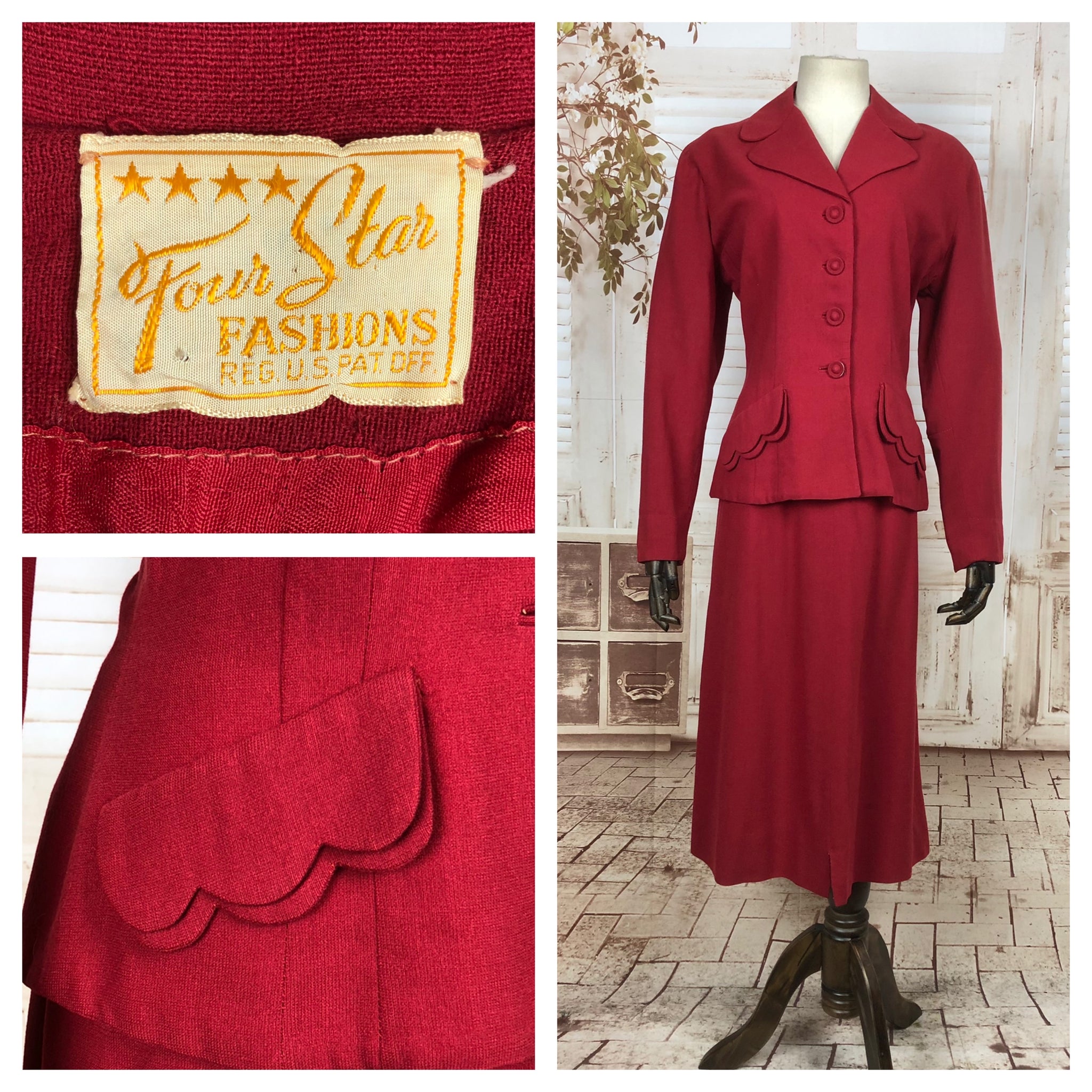 Fabulous Original 1940s 40s Vintage Red Skirt Suit By Four Star