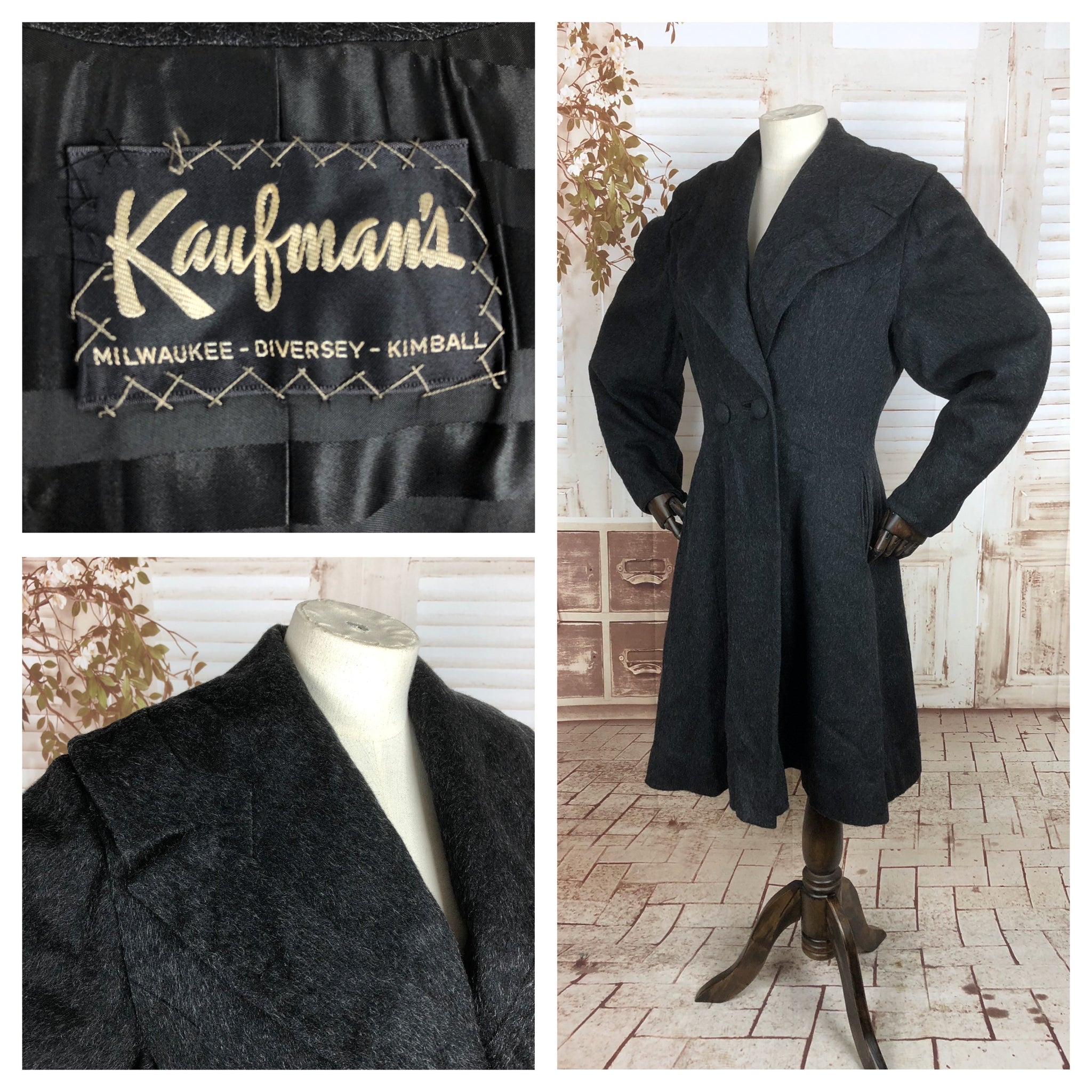 Original 1950s 50s Vintage Grey Eyelash Wool Mohair Double Breasted Princess Coat With Shawl Collar Sold By Kauffman’s In The Style Of Lilli Ann