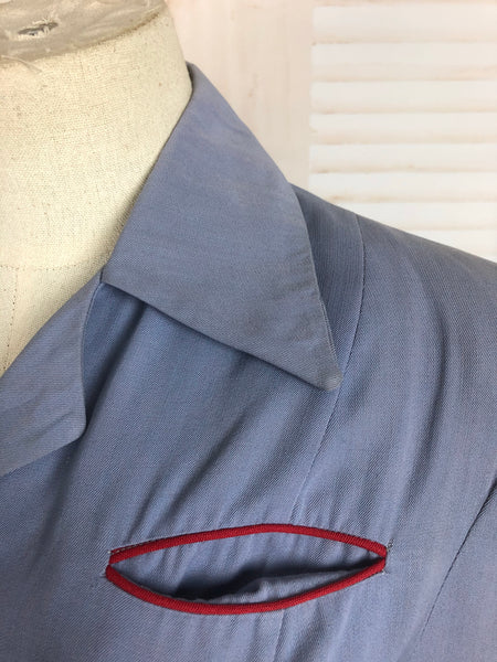 Original 1940s 40s Vintage Periwinkle Lilac Gabardine Blazer With Red Accents By I Magnin