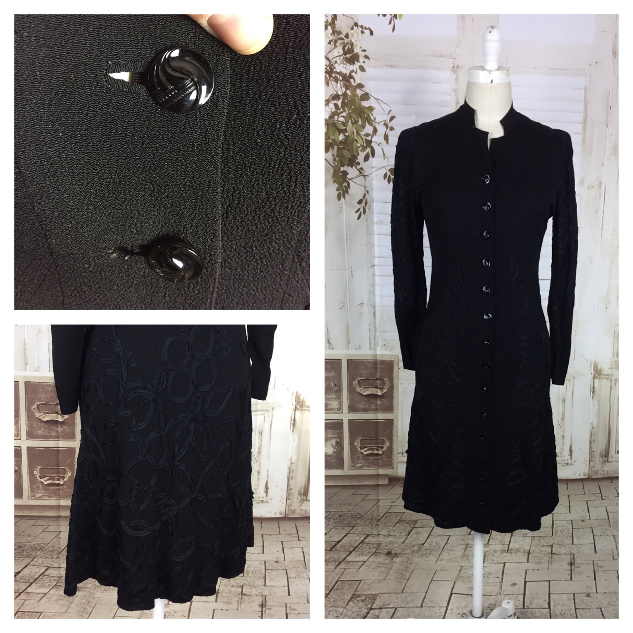 Original 1930s 30s Vintage Black Crepe Coat Jacket With Ribbon Soutache Decoration
