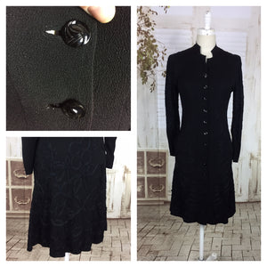 Original 1930s 30s Vintage Black Crepe Coat Jacket With Ribbon Soutache Decoration