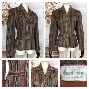 Rare Original Vintage Late 1940s 40s / Early 1950s 50s Blazer With Brown Grey And Pink Stripes By Hollywood Premiere