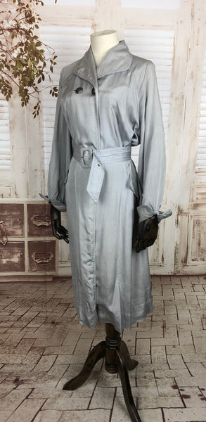 Original 1950s 50s Volup Vintage Grey Double Breasted Silk Cotton Belted Rain Coat Mac