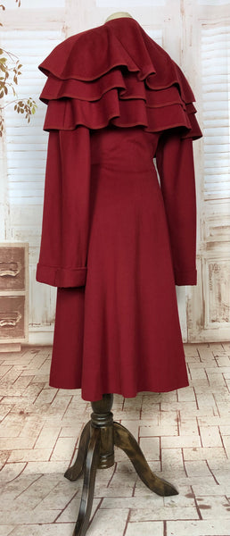Exquisite Original 1940s Vintage Burgundy Double Breasted Princess Coat With Tiered Cape
