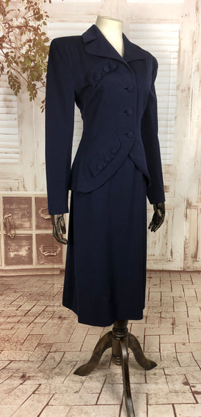 Original 1940s 40s Vintage Navy Blue Gabardine Skirt Suit With Button Embellishments By Crownley