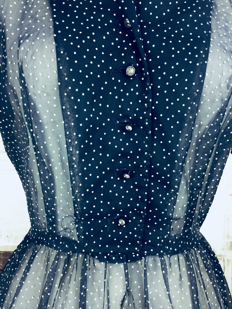Vintage White Blue Tiny Polka Dot Print Nylon Underwear Night Gown