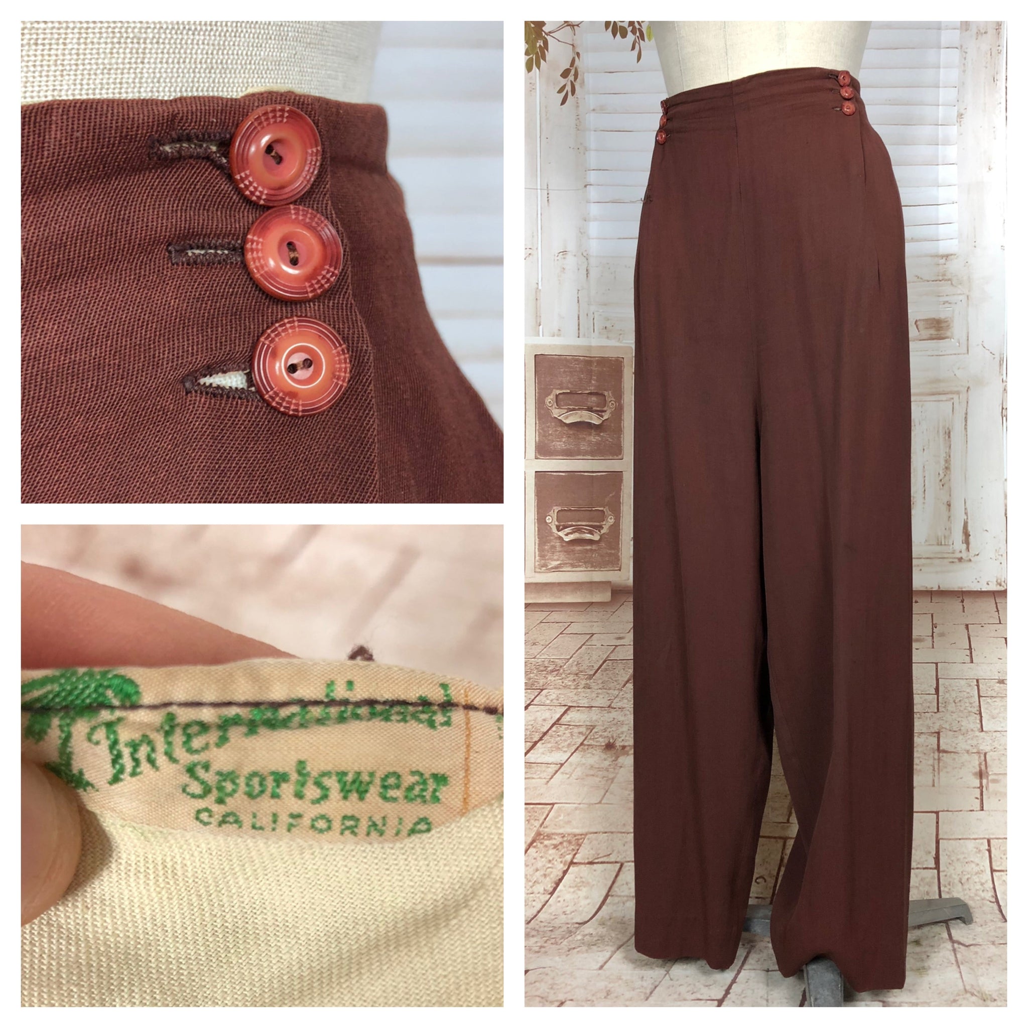 Super Rare Original 1940s Volup Vintage Brown Gabardine Slacks Pants