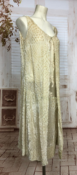 Exquisite Rare Original 1920s Vintage Cream Devoré Velvet And Embroidered Flapper Dress