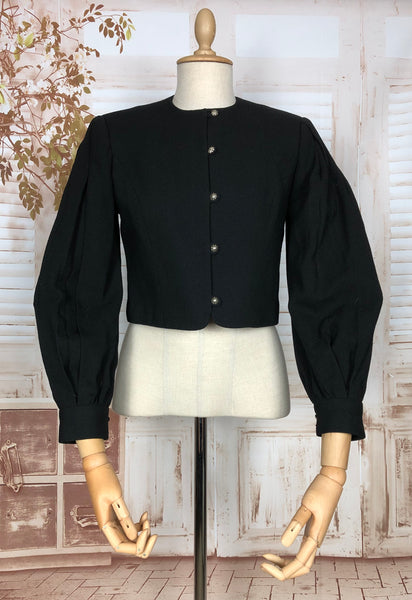 Cute Late 1940s Original Vintage Black Bolero Jacket With Bishop Sleeves