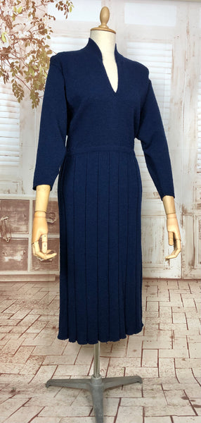 Beautiful Original Late 1940s / Early 1950s Volup Vintage Sapphire Blue Knit Dress By Kims