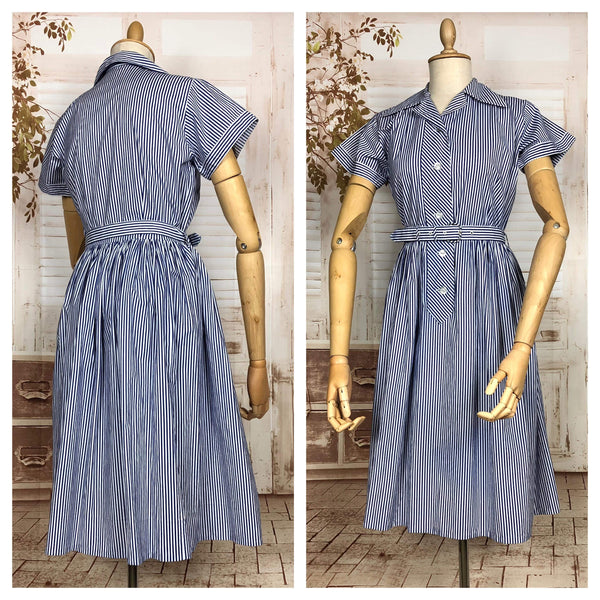 Stunning Original 1940s Vintage Blue And White Striped Belted Summer Dress
