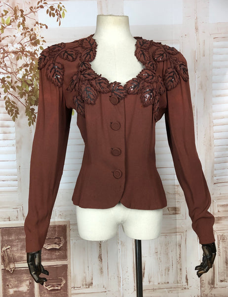 LAYAWAY PAYMENT 2 OF 2 - RESERVED FOR AMBIKA - Original Late 1930s Early 1940s Rust Cinnamon Crepe Blazer With Trapunto Beaded Leaf Decoration