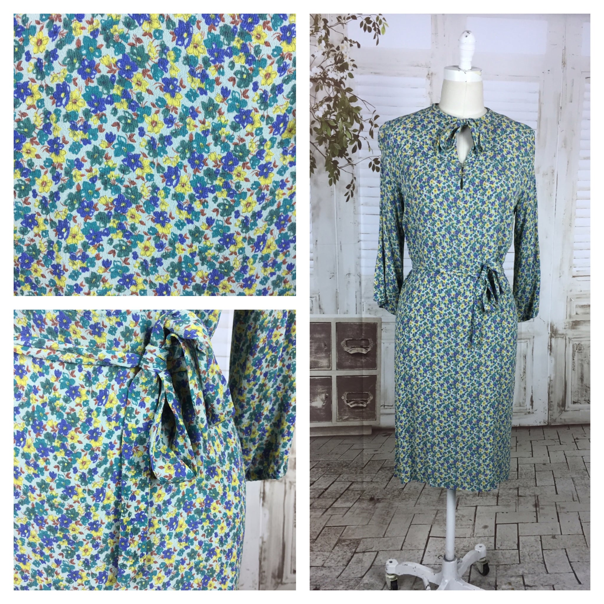 Original 1940s Vintage Volup Floral Blue Yellow Green Print Rayon Crepe Dress With Tie Belt