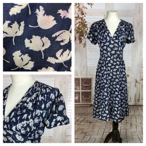 Original 1930s 30s Vintage Silk Day Dress With White Hibiscus Flowers On A Navy Blue Background