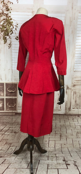 Original 1940s 40s Vintage Red Fallie Skirt Suit With Long Line Jacket By Lil Alice
