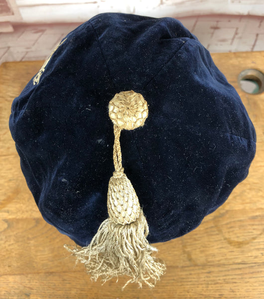 Gorgeous Original Late 1920s / Early 1930s Blue Velvet Smoking Cap With Huge Champagne Silver Tassel