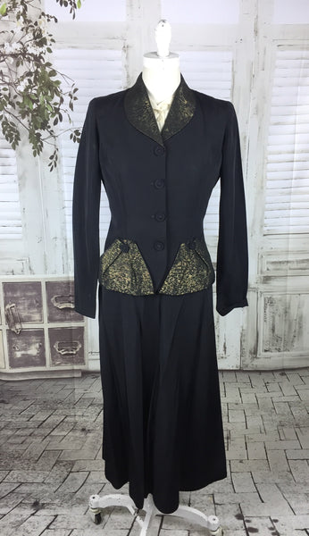 Original 1940s Black Faille Vintage Skirt Suit With Gold Lurex Collar And Pockets