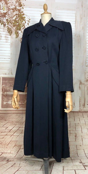 Amazing Original 1940s Vintage Navy Blue Gabardine Belt Back Princess Coat