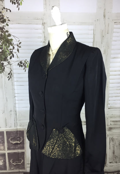 Original 1940s Black Faille Vintage Skirt Suit With Gold Lurex Collar And Pockets