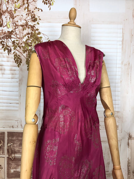Original 1940s Vintage Magenta Pink Evening Gown With Stencilled Rose Motif