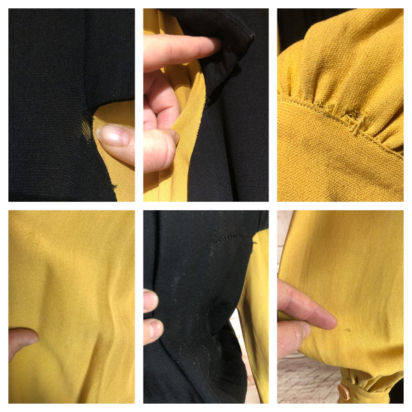 Incredible Original Vintage 1940s 40s Black And Mustard Yellow Colour Block Dress With Bishop Sleeves