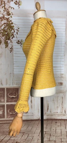 Beautiful Original 1930s Vintage Mustard Yellow Lace Knit Sweater Jumper