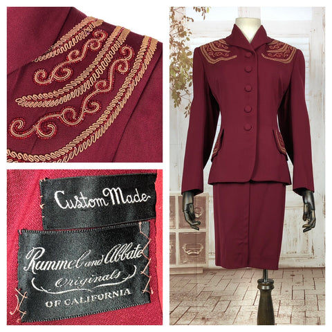 Fantastic Original 1940s 40s Vintage Burgundy Custom Made Californian Skirt Suit With Incredible Soutache And Bead Work