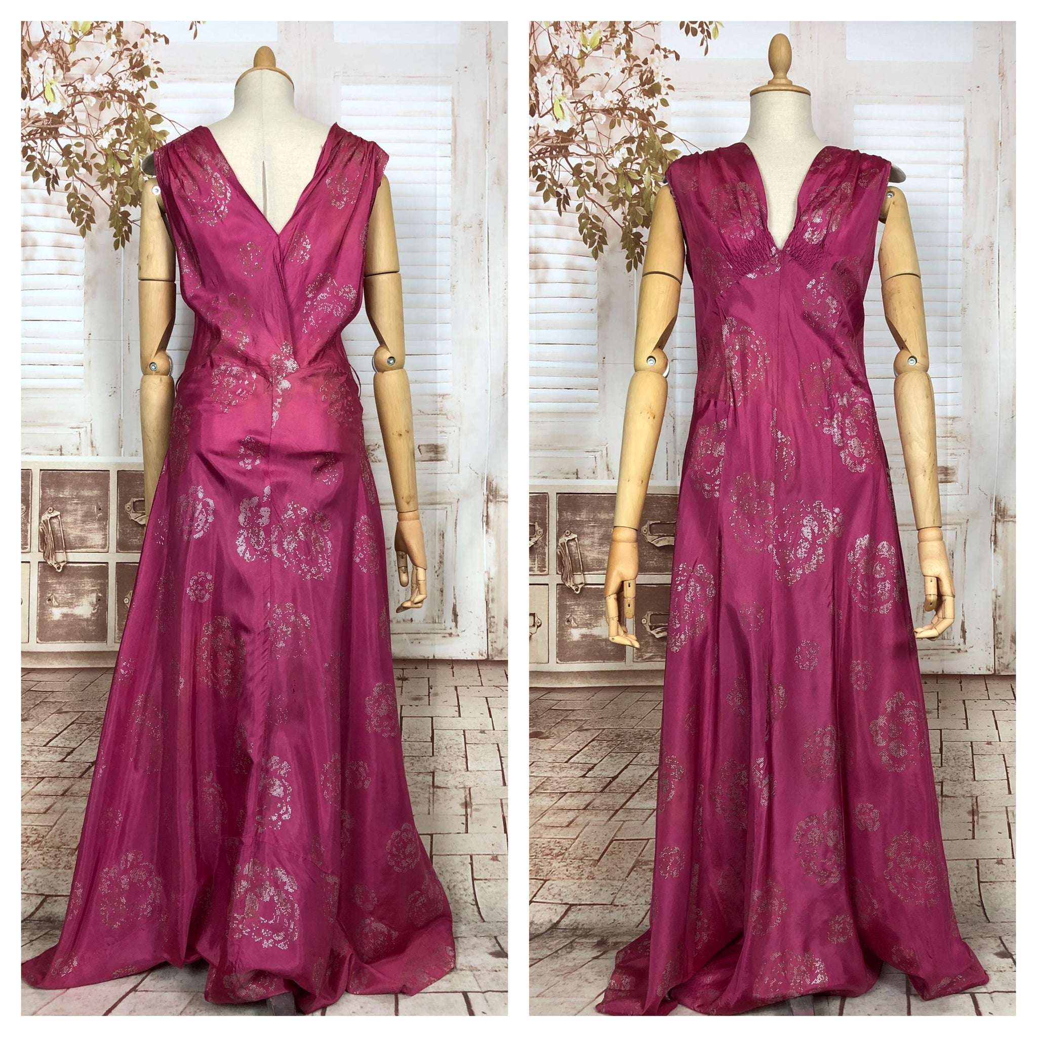 Original 1940s Vintage Magenta Pink Evening Gown With Stencilled Rose Motif