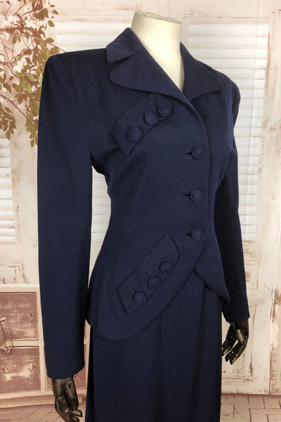 Original 1940s 40s Vintage Navy Blue Gabardine Skirt Suit With Button Embellishments By Crownley
