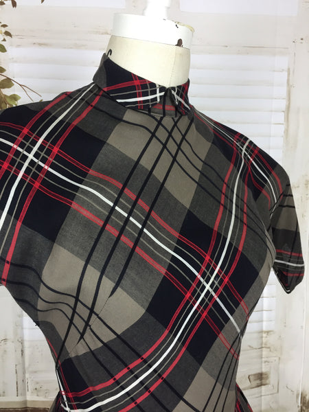 Original 1950s 50s Black And Red Cotton Plaid Day Dress By Toni Todd