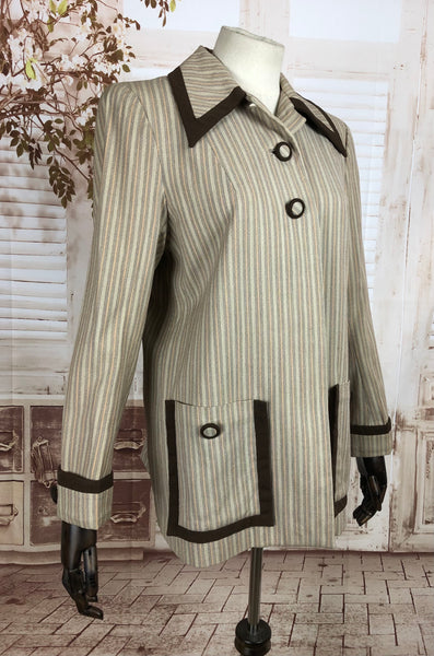 Original 1940s 40s Vintage Cream And Brown Striped Sportswear Coat