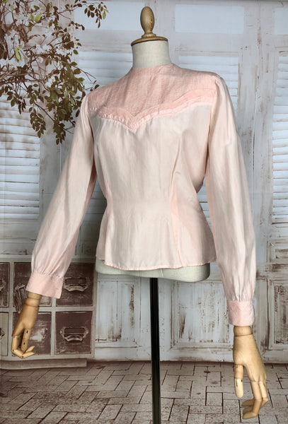 Gorgeous Original Late 1930s / Early 1940s Button Back Pale Pink Silk Blouse With Pin Tuck Details