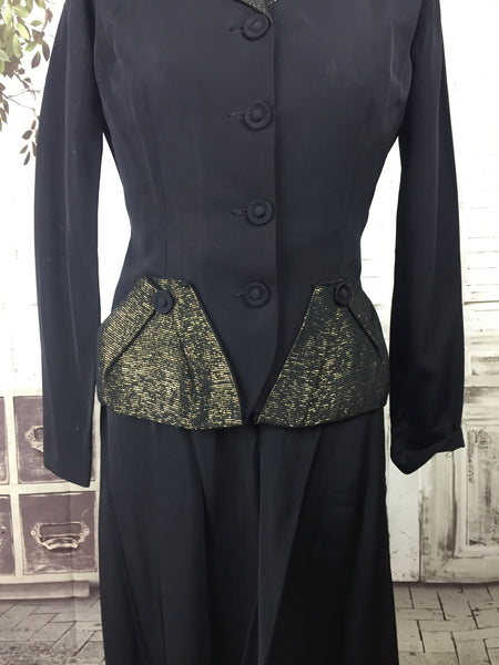 Original 1940s Black Faille Vintage Skirt Suit With Gold Lurex Collar And Pockets