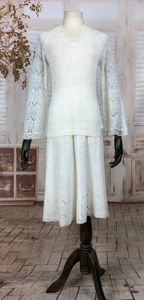 Incredible Original 1930s 30s Vintage White Knit Set With Flared Sleeves