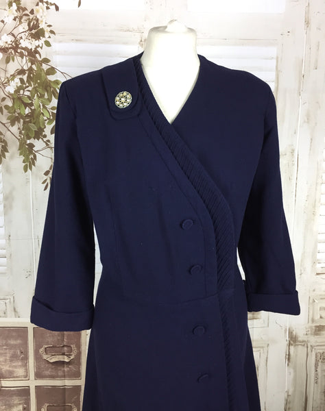 Original 1940s 40s Volup Vintage Navy Blue Wool Asymmetric Pin Tucked Day Dress