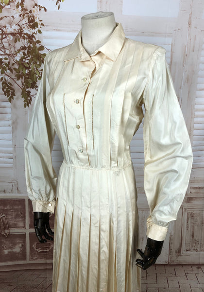 Original Vintage 1930s 30s Cream Silky Rayon Dress With Pleating And Fagotting