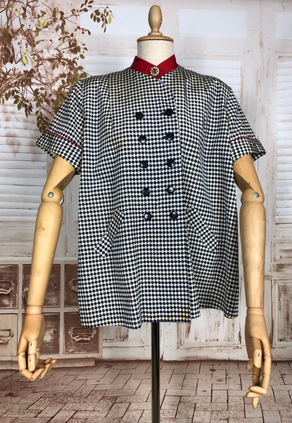 Original 1950s Vintage Navy And Cream Check Maternity Smock Top With Red Accents