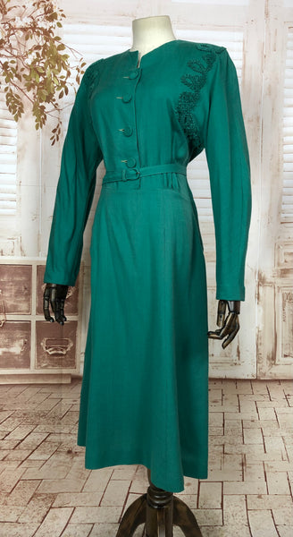 Incredibly Vibrant Original 1940s 40s Vintage Emerald Green Soutache Dress