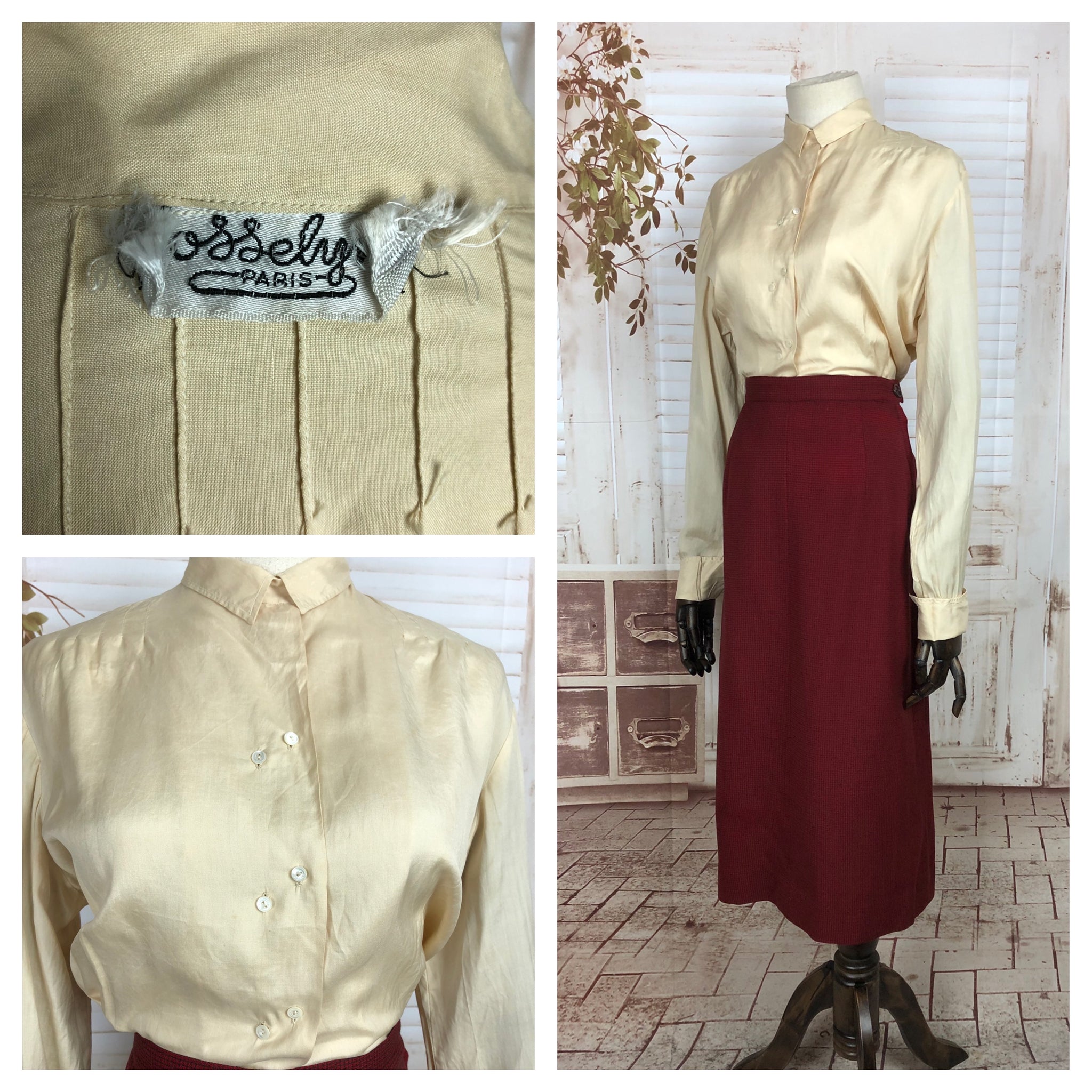 Original 1940s 40s Vintage Cream Silk Blouse With Offset Double Buttons