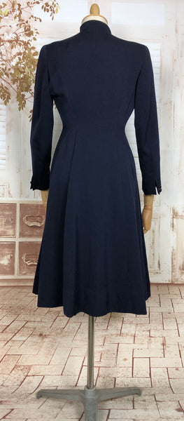 Unusual Original 1940s Vintage Navy Blue Princess Coat with Scarf Detail By Windsmoor